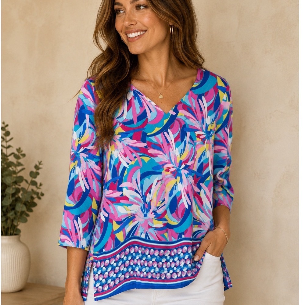 Pappagallo Tunic Top Womens XL Pink Blue Psychedelic Floral Coastal Boho Travel